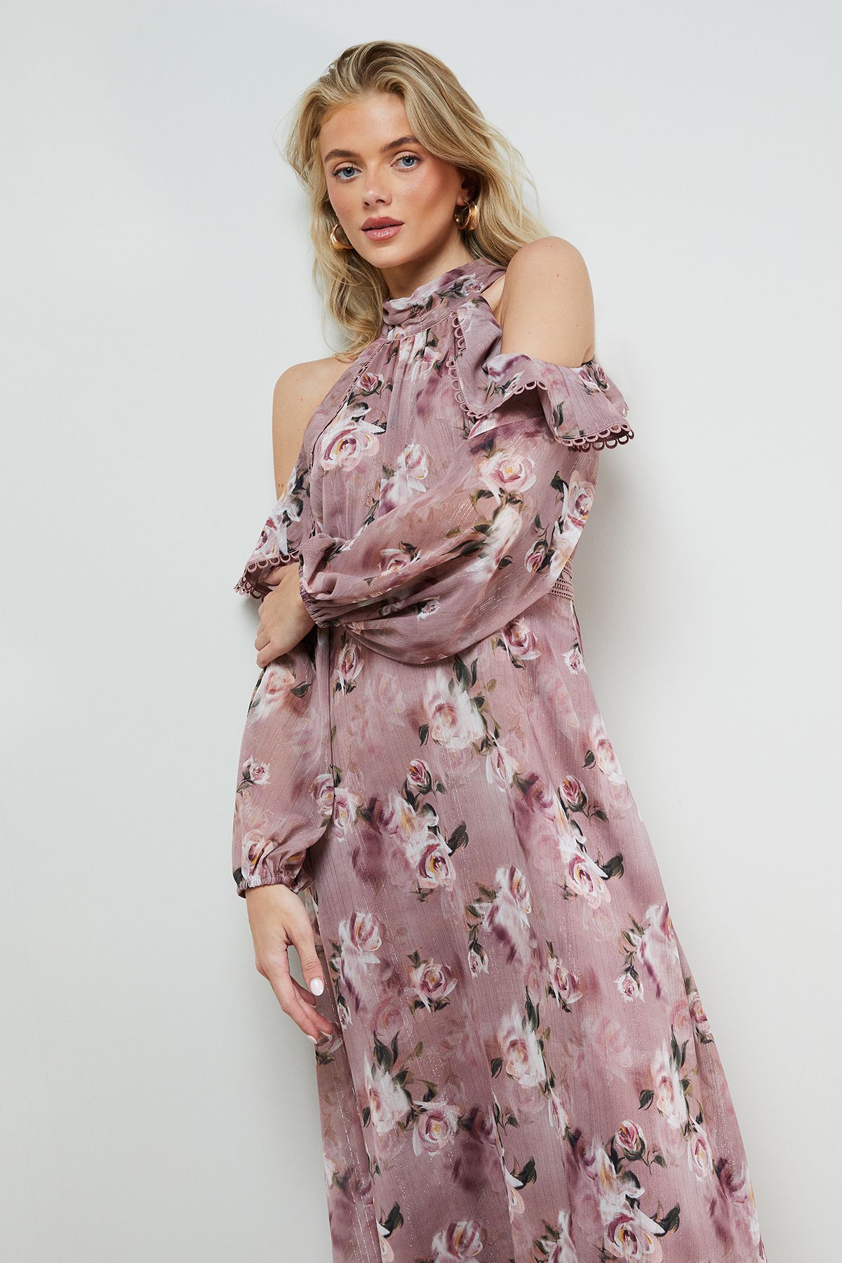 Oasis Cold Shoulder Ruffle Halterneck Midi Dress Floral image 2