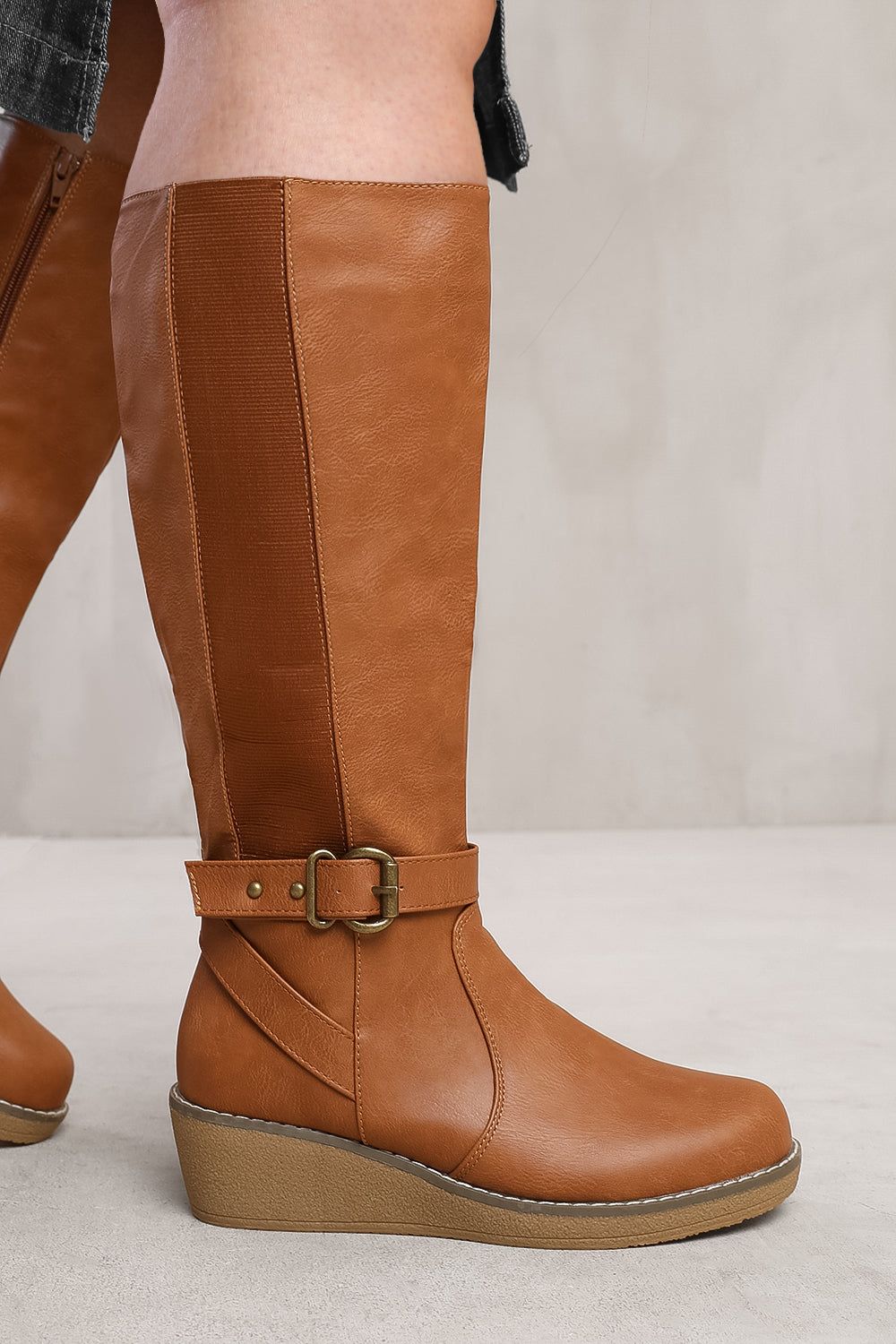 Where's That From 'Ayleen' Wide Calf Wedge Heel Knee High Boots With Elastic Panel image 1