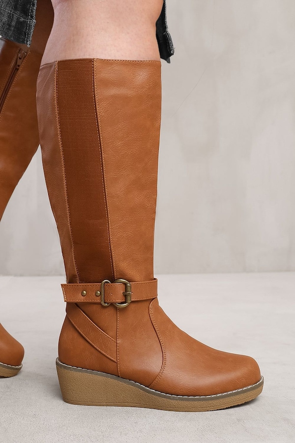 Where's That From 'Ayleen' Wide Calf Wedge Heel Knee High Boots With Elastic Panel