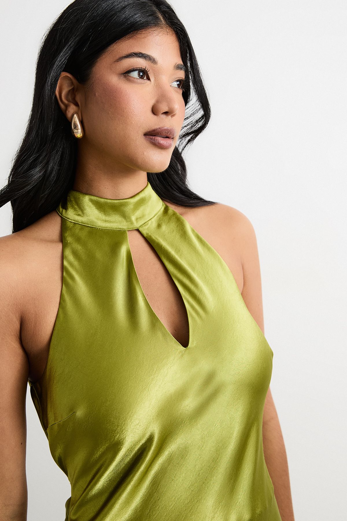 Warehouse Satin Tie Neck Cowl Front Maxi Dress Olive image 4