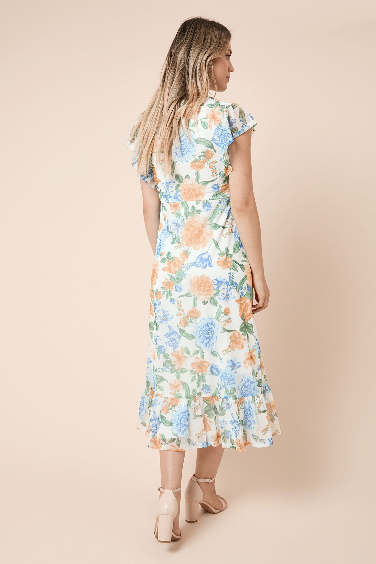 Dorothy Perkins Floral Frill Sleeve Belt Detail Mesh Jersey Midi Dress Floral image 4