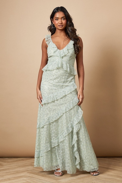 Oasis Sequin Lace Ruffle Detail Midaxi Dress Sage