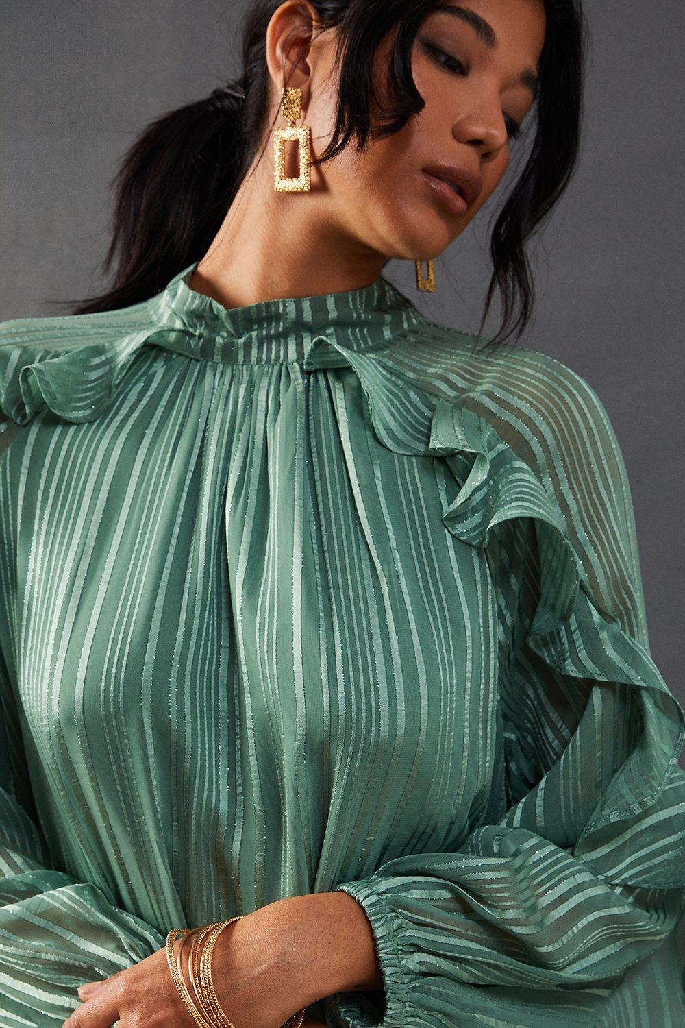 Warehouse Shadow Stripe Tie Back Neck Ruffle Tier Midi Dress Olive image 2