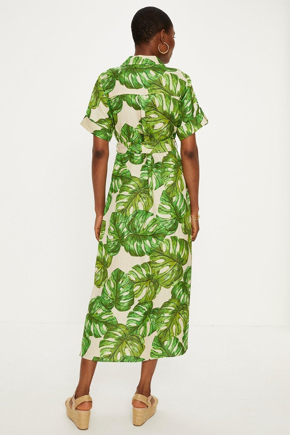 Oasis Linen Mix Palm Print Midi Shirt Dress Green image 3