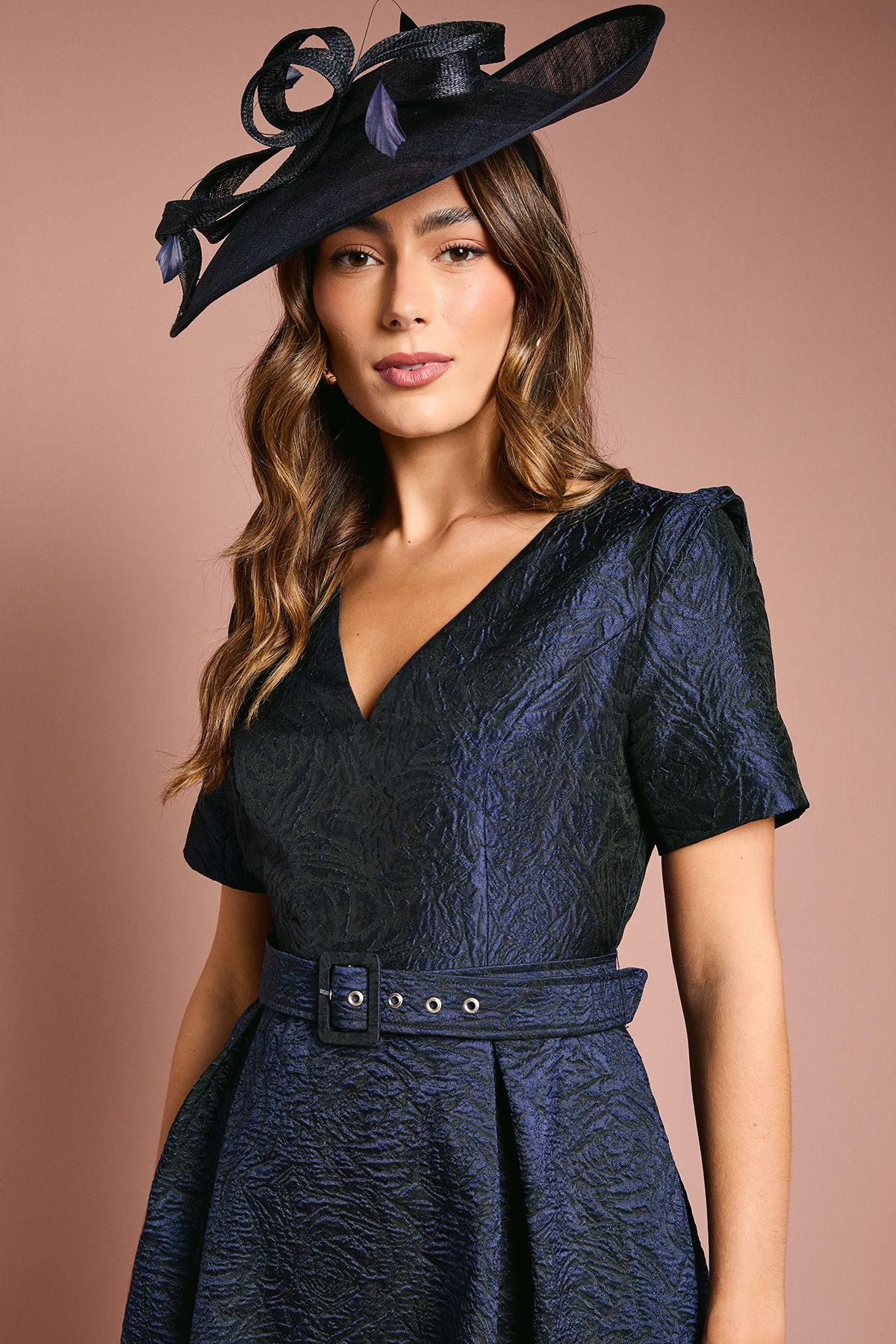 Coast Short Sleeve Jacquard Midi Dress With Belt Navy image 3