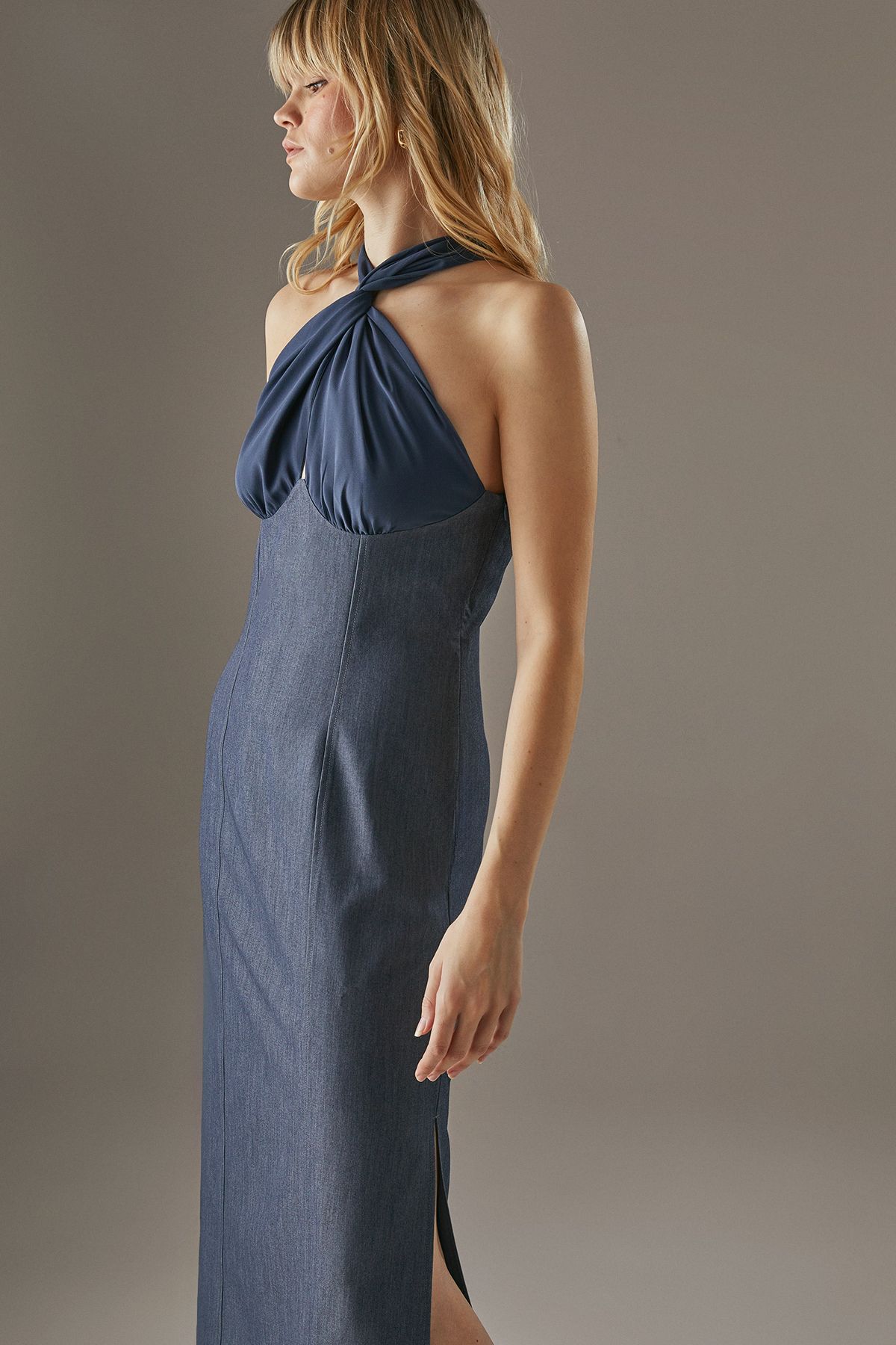 Warehouse Cross Front Georgette And Marl Suiting Midi Dress Dark Blue