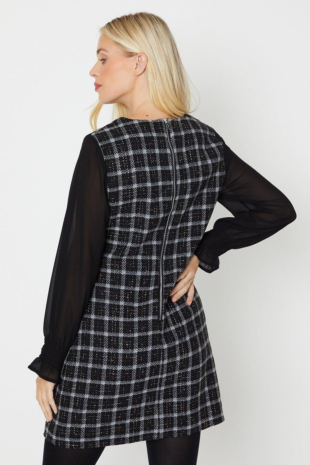 Oasis Petite Chiffon Sleeve Check Boucle Dress Black image 3