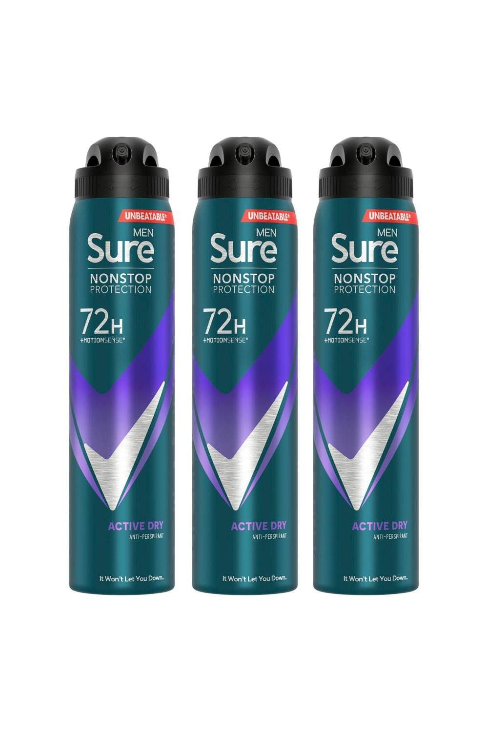 Sure Men 'Antiperspirant' 72H Protection Active Dry Deodorant, 3x250ml image 1