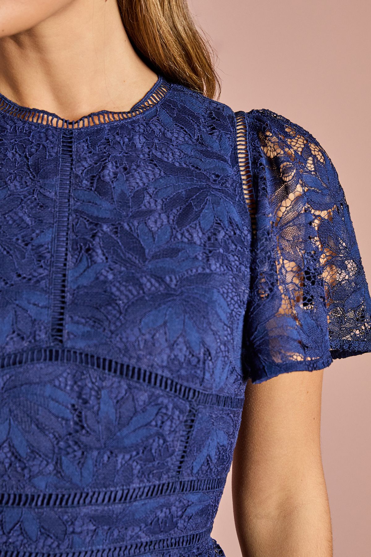 Coast Petite Tiered Lace Dress With Flutter Sleeve & Trims Navy image 5