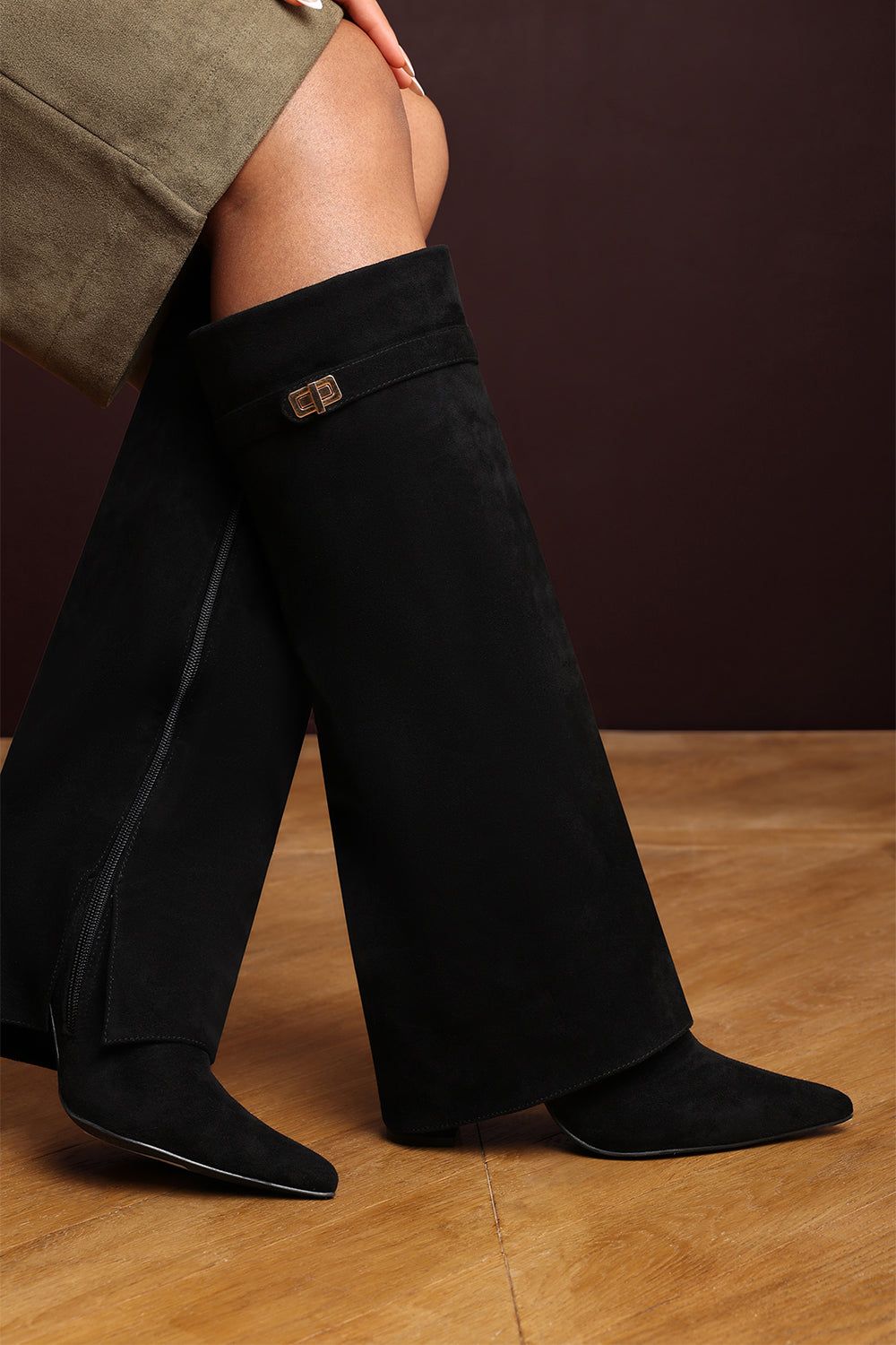 Where's That From 'Nova' Fold Over Shark Block Heel Point Toe Boots Suede image 4