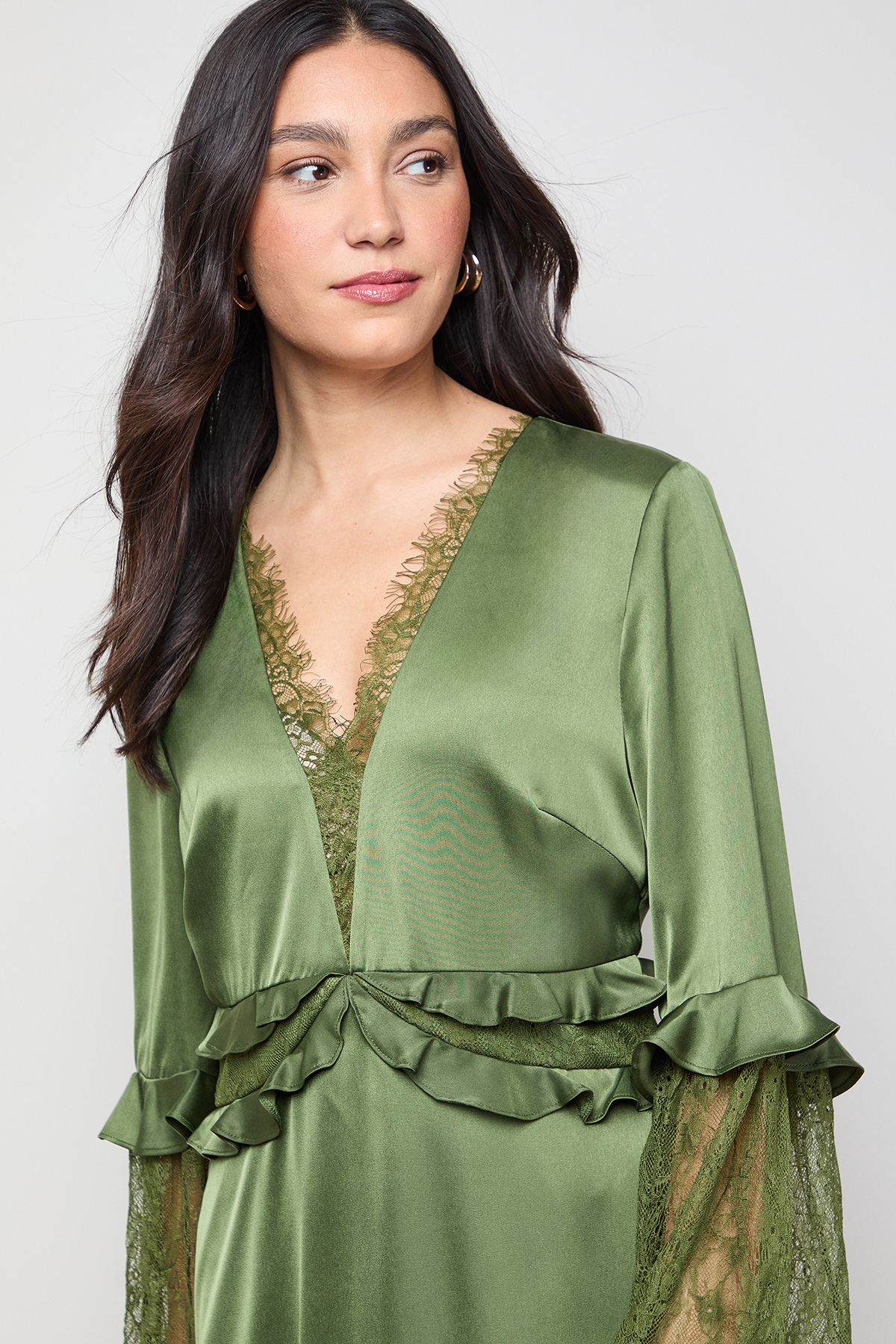 Oasis Lace Sleeve Frill Waist V Neck Midi Dress Olive image 4