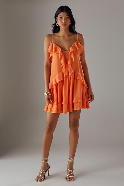 Warehouse Chiffon Strappy Lace Insert Smock Mini Dress Peach