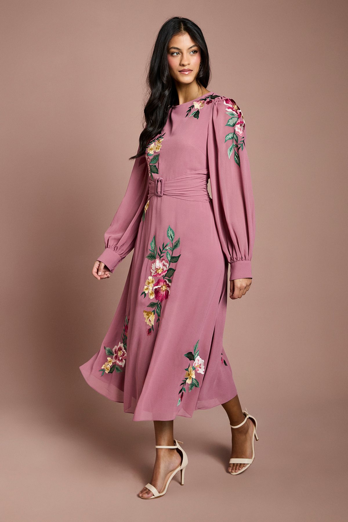 Coast Petite Embroidered Long Sleeve Belted Midi Dress Rose Pink