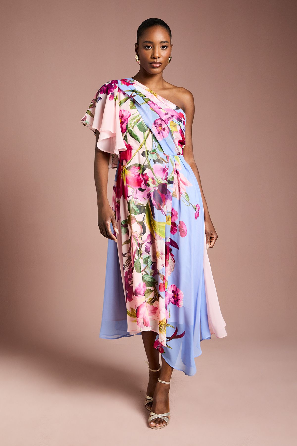 Coast One Shoulder Floral Printed Chiffon Dress Light Blue