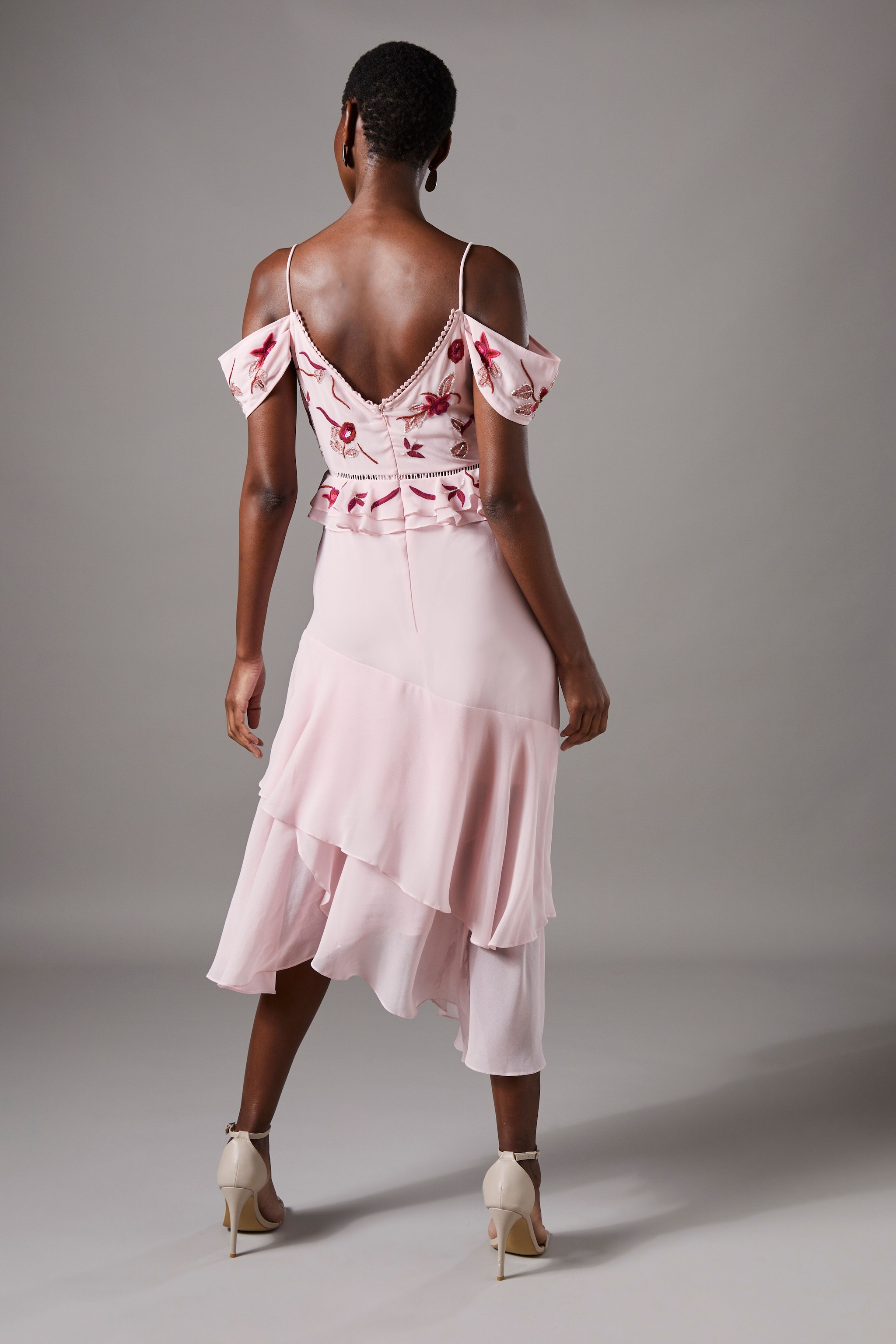 Coast Sequin Embellished Off Shoulder Midi Wedding Guest Dress Pale Pink image 3