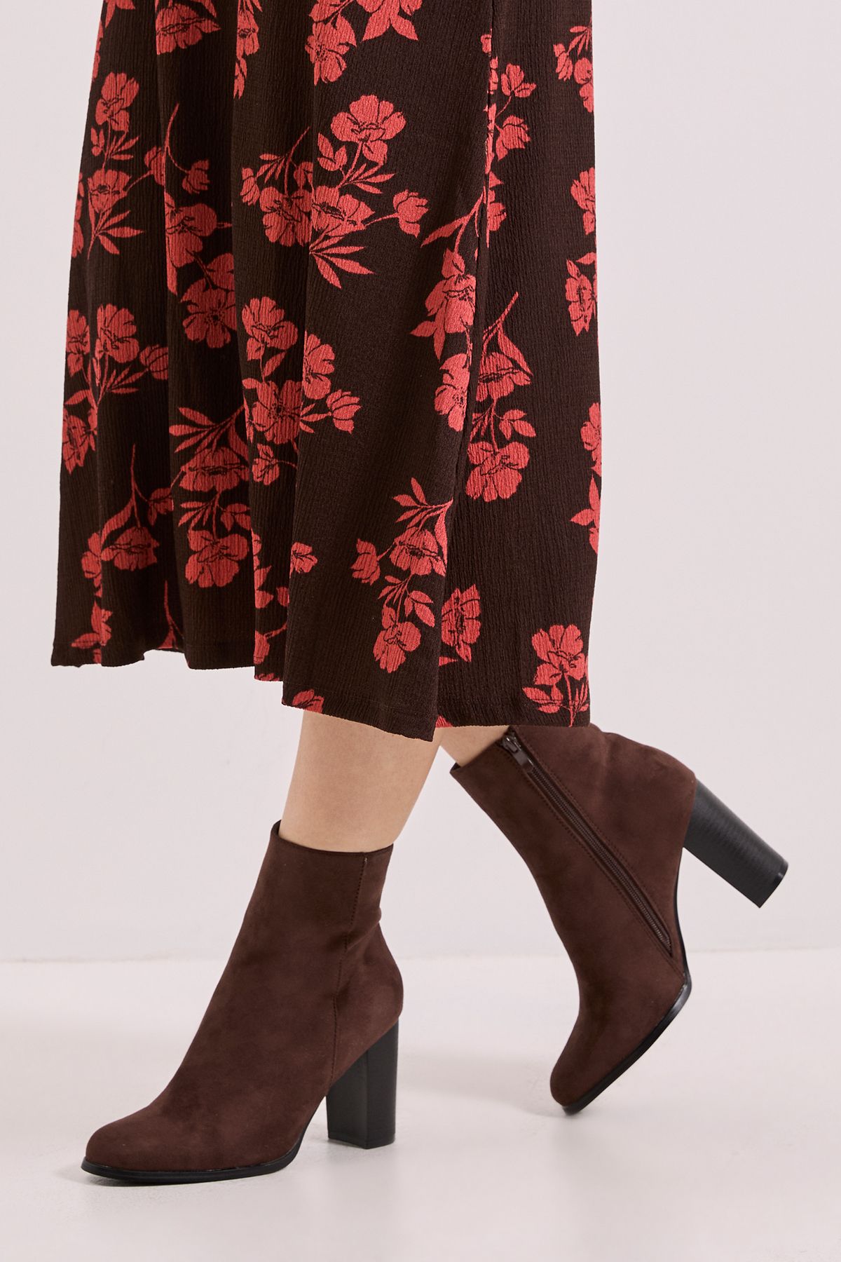 Dorothy Perkins Alberta Faux Suede High Block Heel Ankle Boots Chocolate image 1