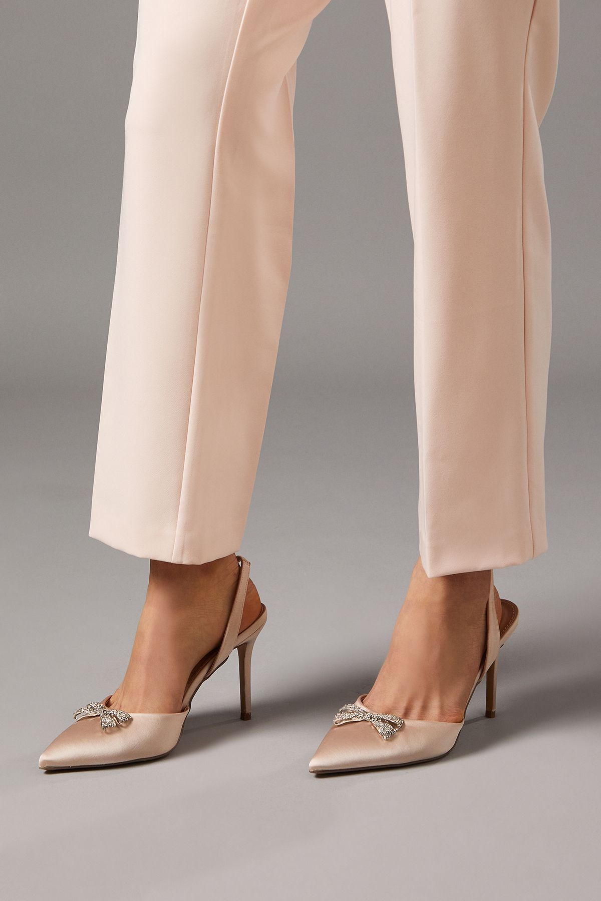 Coast Scarlett Satin Diamante Bow Brooch Slingback High Stiletto Heel Court Shoes Champagne image 3