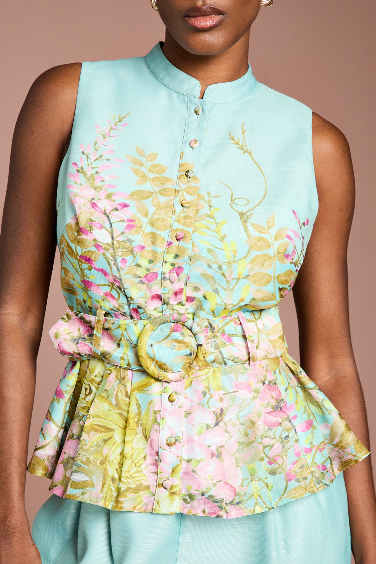 Coast Placement Print Button Through Belted Blouse Duck Egg Blue image 2