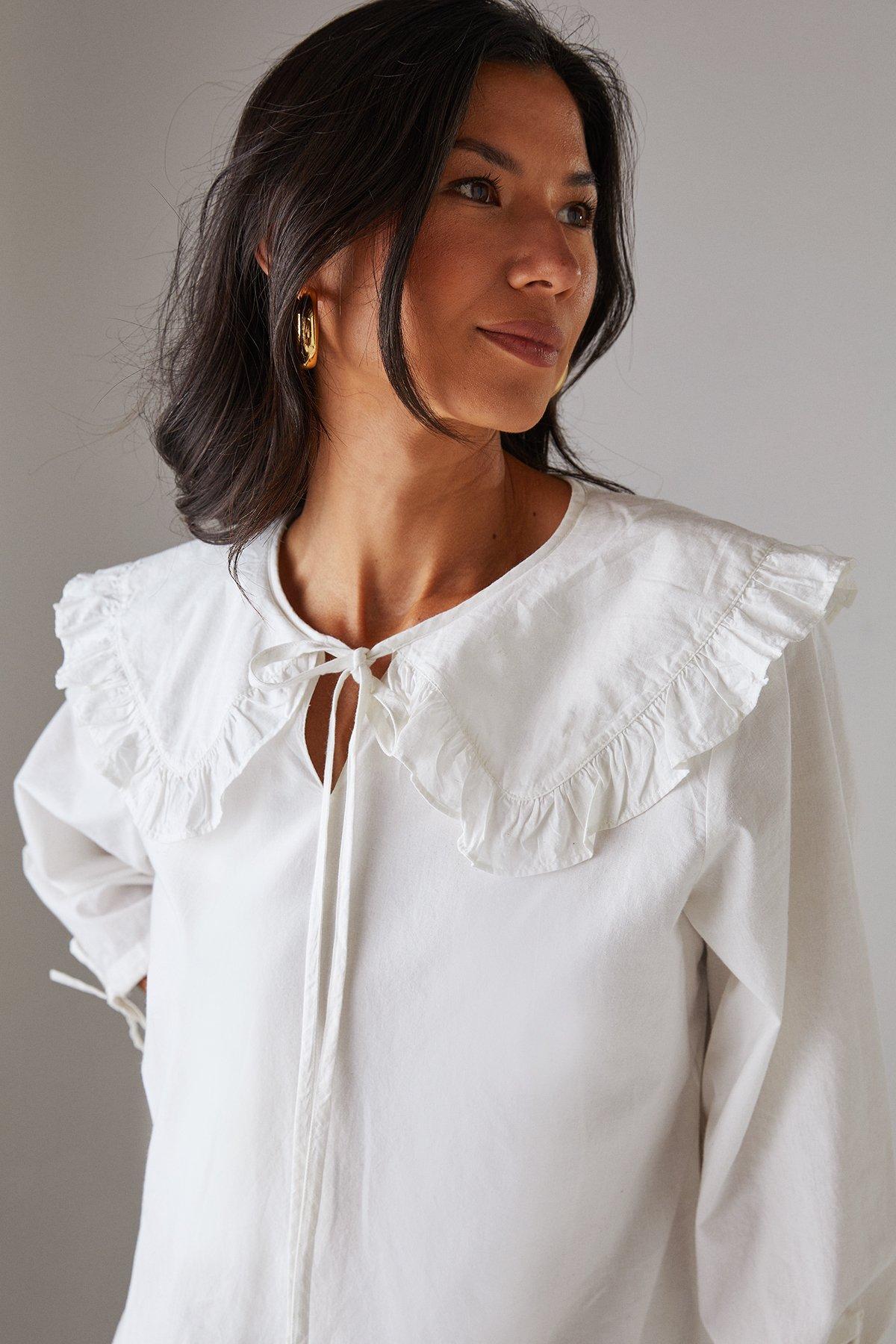 Warehouse Poplin Oversized Collar Tie Detail Mini Smock Dress White image 2