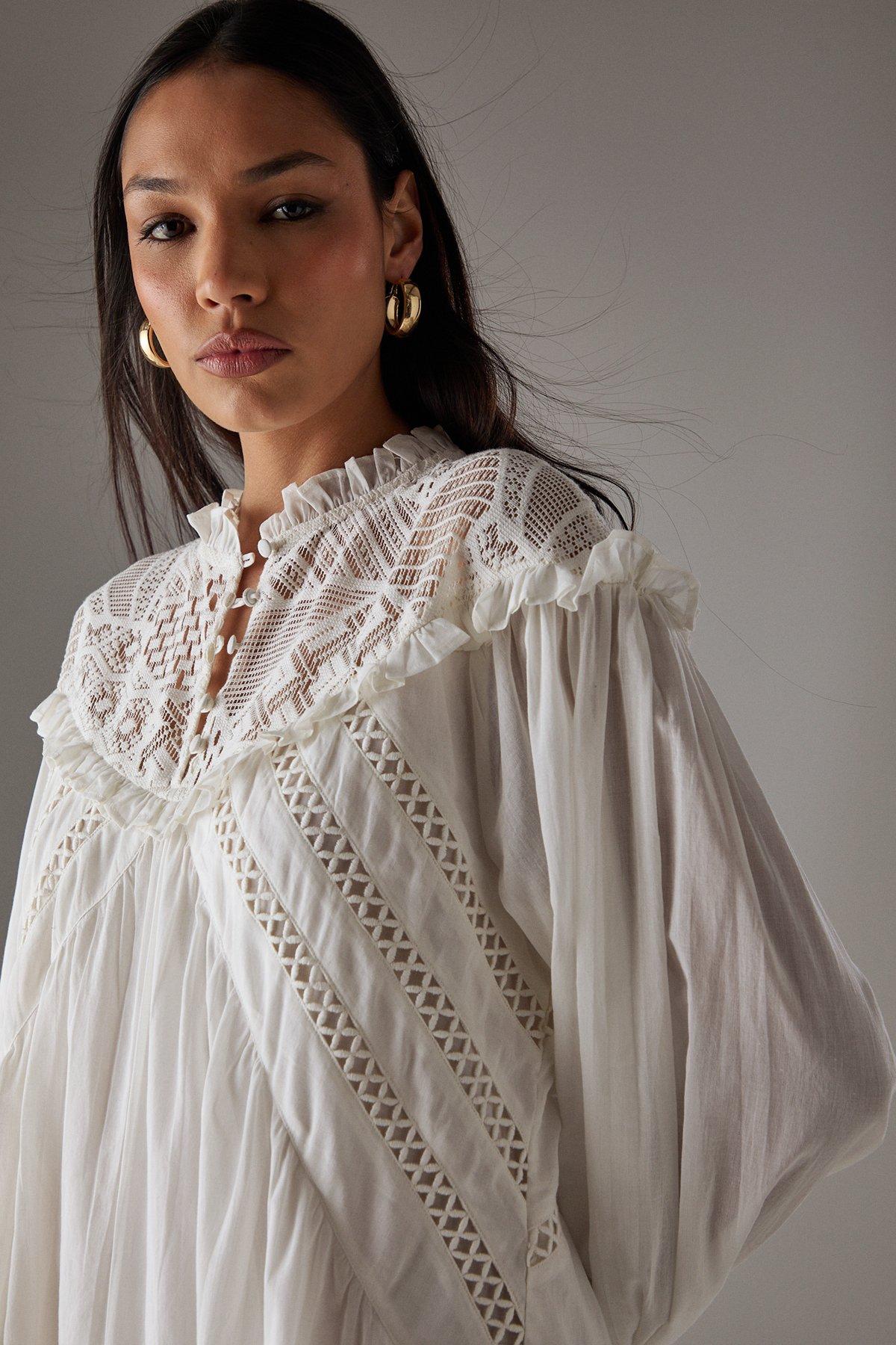 Warehouse HCD Cotton Lace Insert Mini Smock Dress Cream image 4