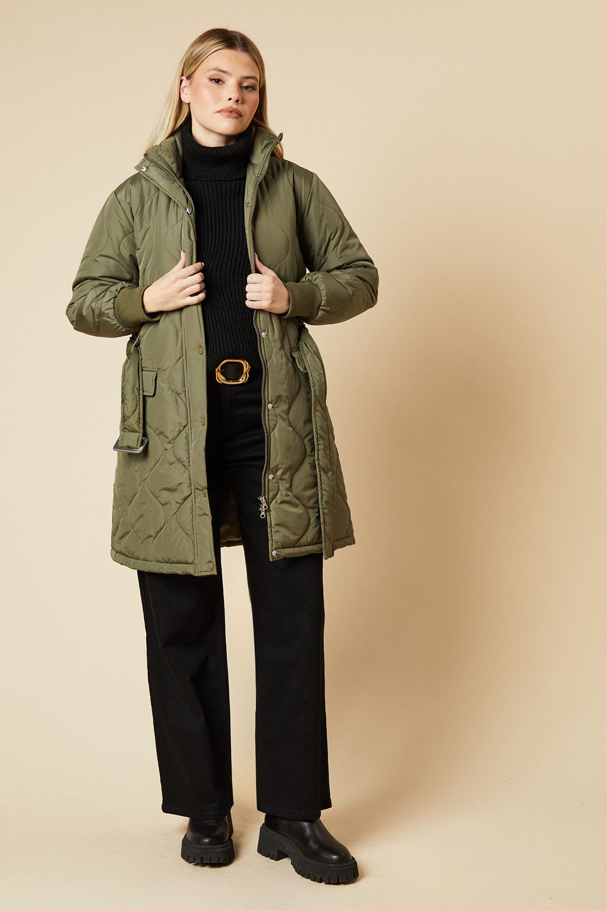 Dorothy Perkins Self Covered Button Quilted Padded Puffer Midi Coat Khaki image 3