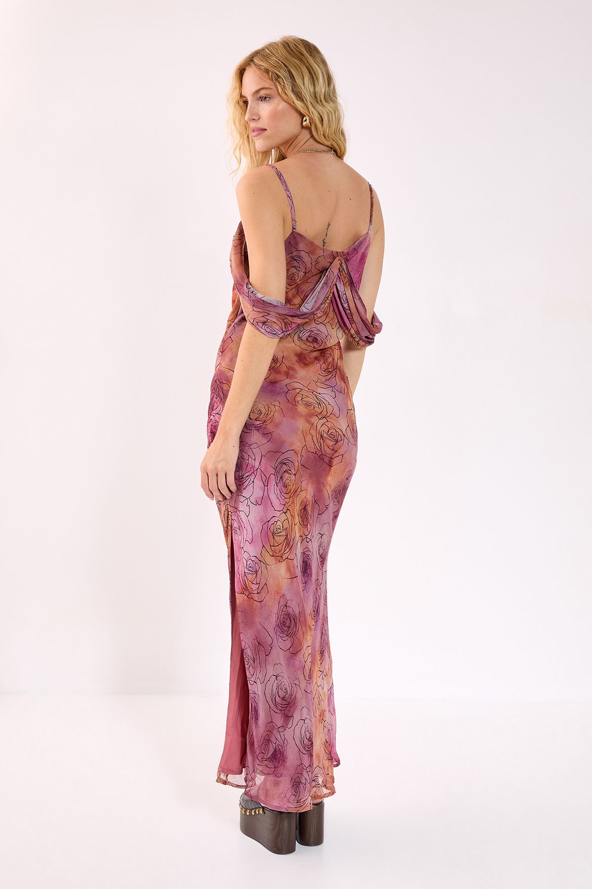 NastyGal Floral Ombre Cowl Cold Shoulder Bias Maxi Dress Pink image 4