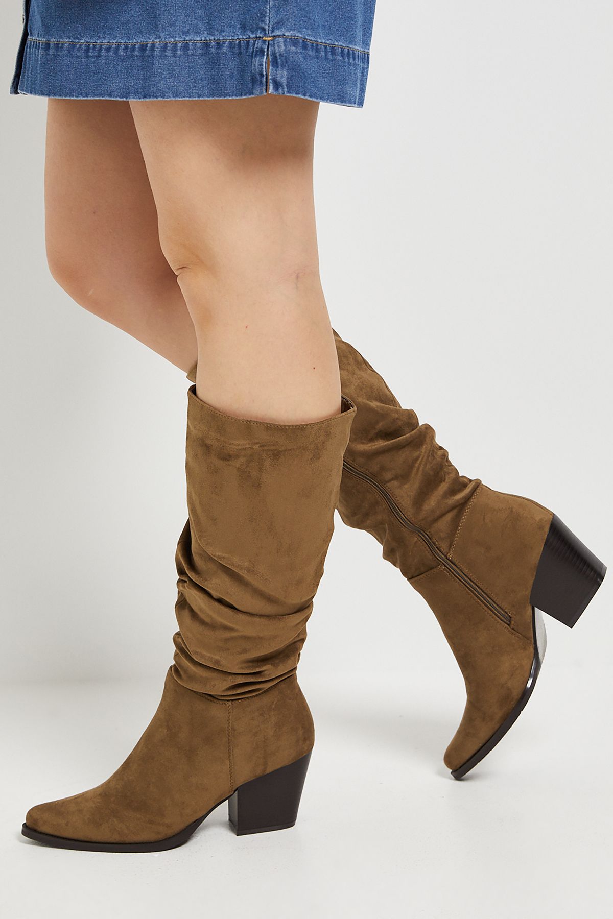 Dorothy Perkins Lessie Faux Suede Ruched Western Calf Boots Olive image 2