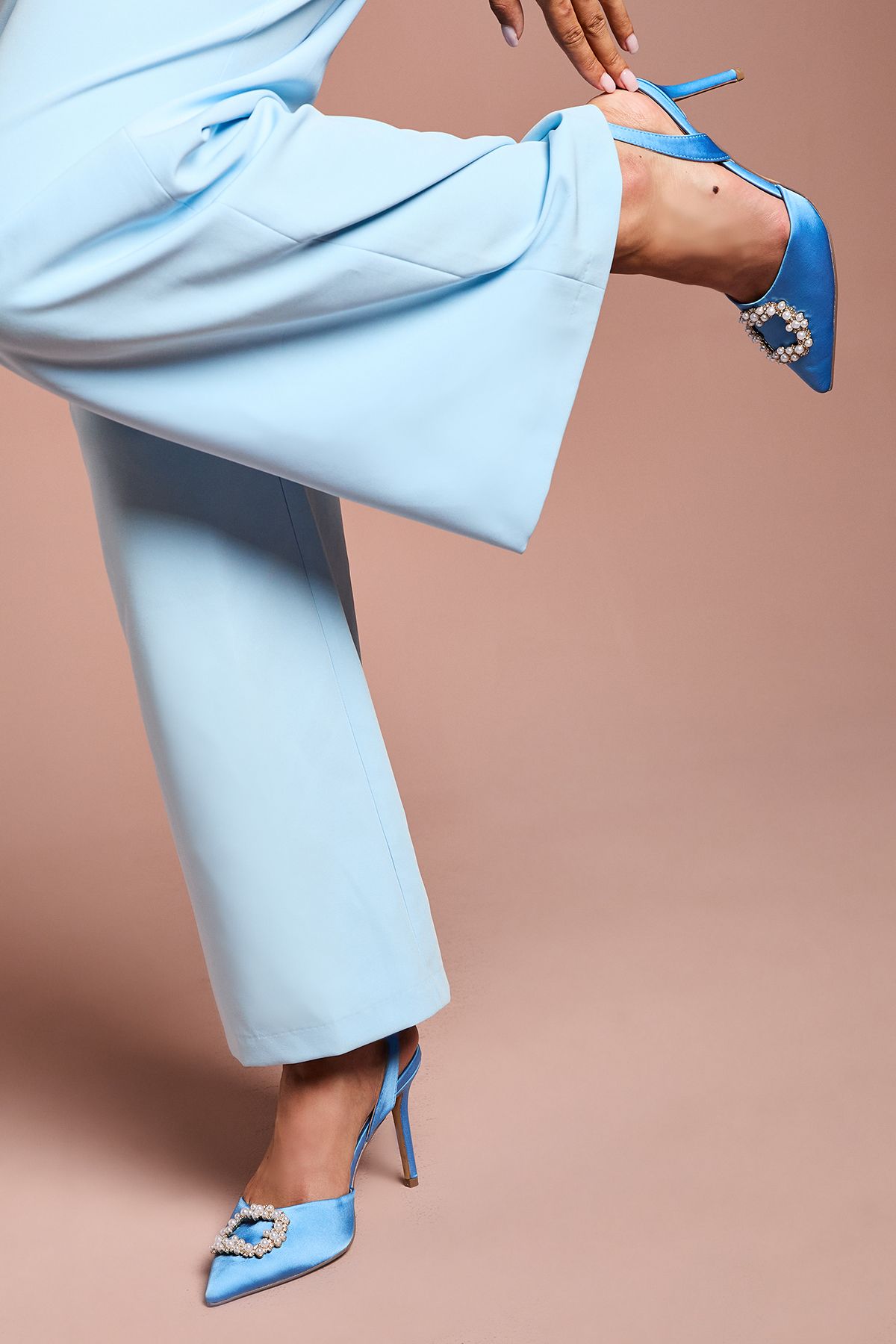 Coast Selene Satin Pearl Trim Slingback High Heel Court Shoes Blue image 2