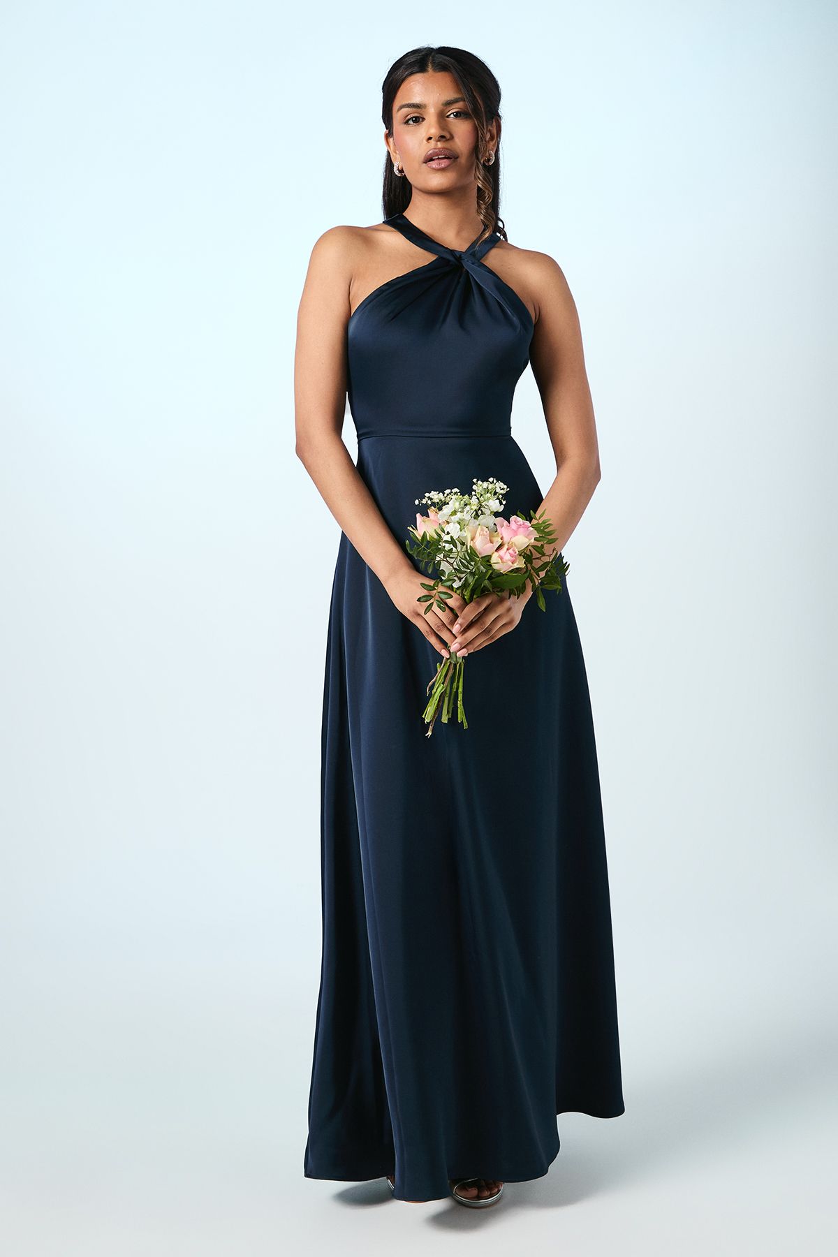 Coast Coast Honoured Petite Twist Halterneck Satin Maxi Bridesmaid Dress Navy image 1