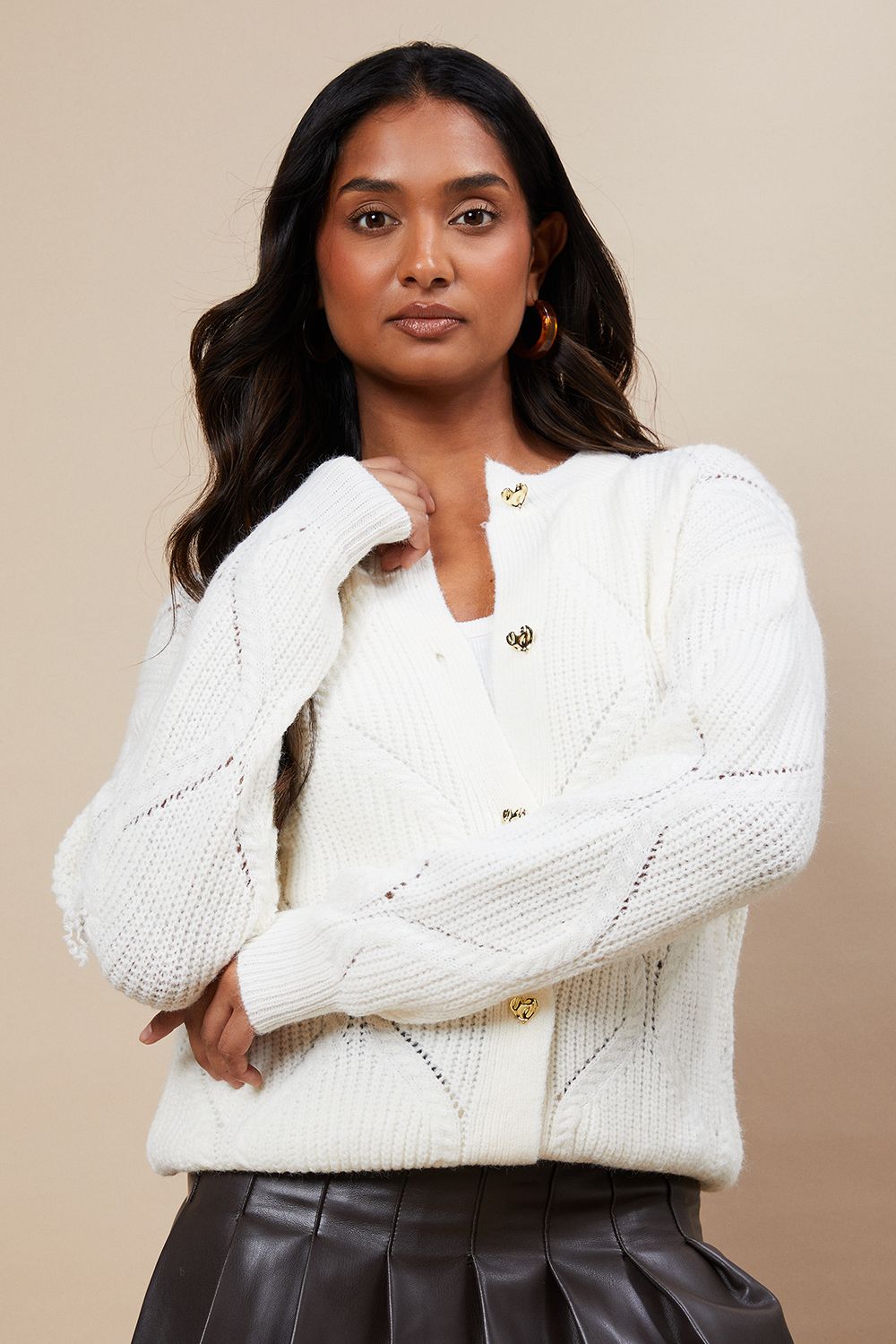 Oasis Pointelle Knitted Cardigan With Heart Buttons Ecru image 1