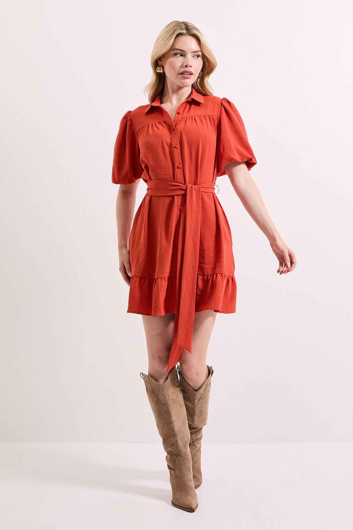 Dorothy Perkins Puff Sleeve Belted Mini Shirt Dress Burnt Orange image 3