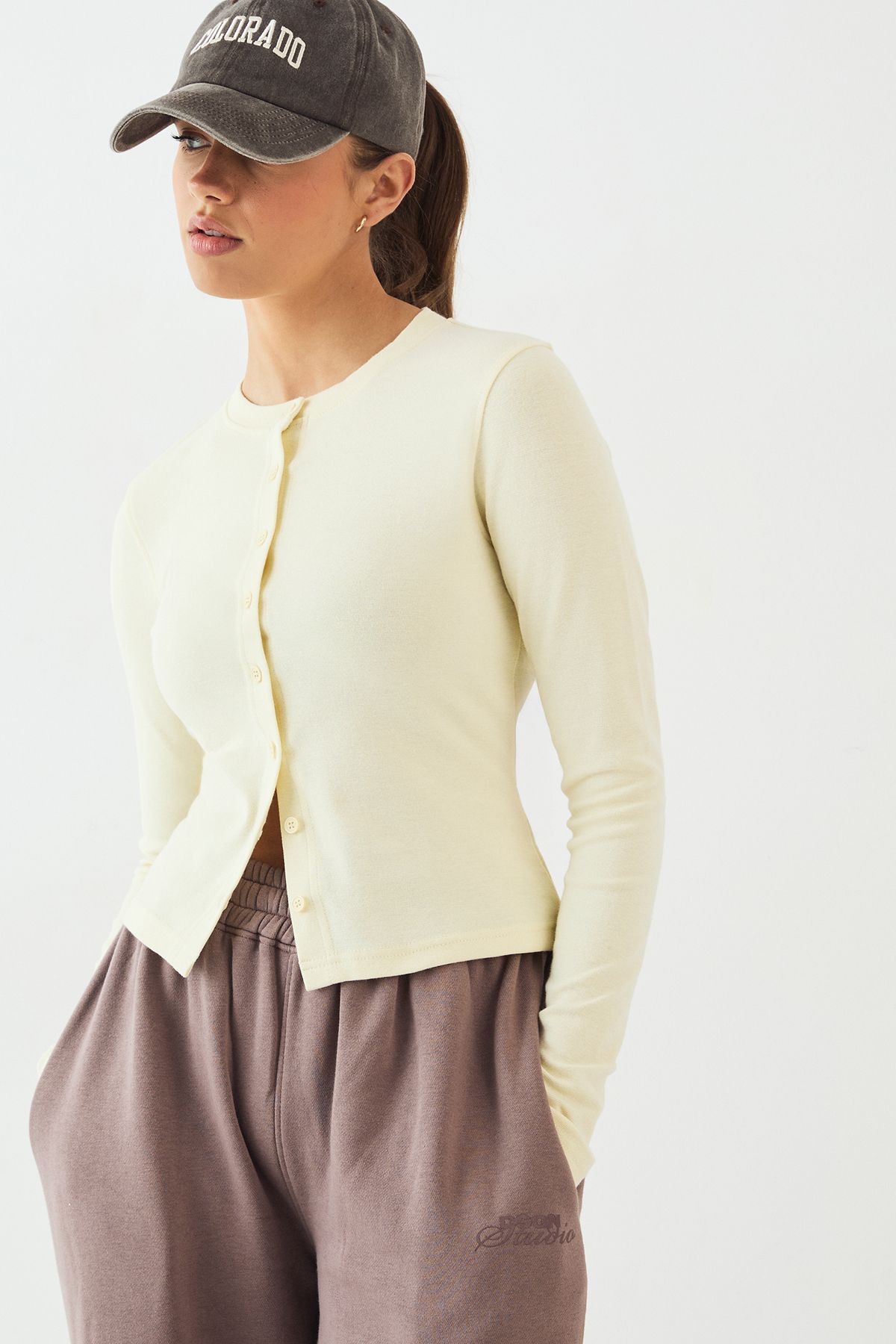 DSGN Studio DSGN Studio Crew Neck Button Through Long Sleeve Top Butter image 3