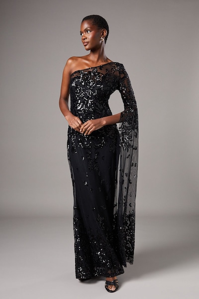Coast One Shoulder Maxi Dress In Lace With Cape Sleeve Black
