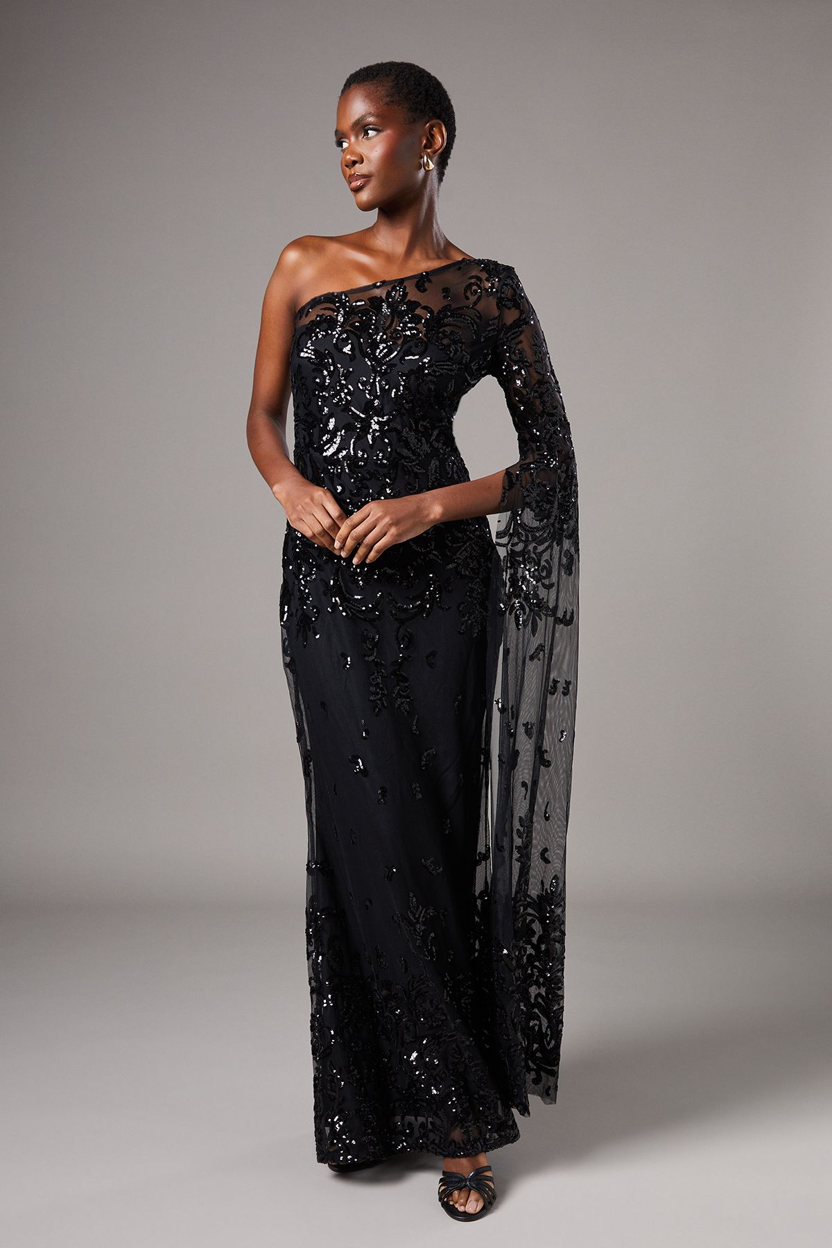 Coast One Shoulder Maxi Dress In Lace With Cape Sleeve Black image 1