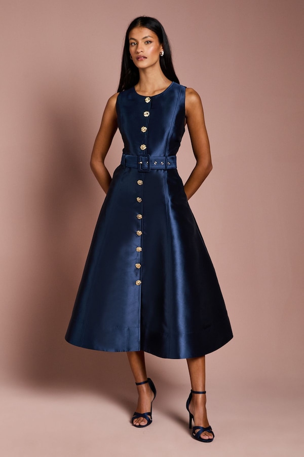 Coast Petite Button Through Belted Prom Dress Navy