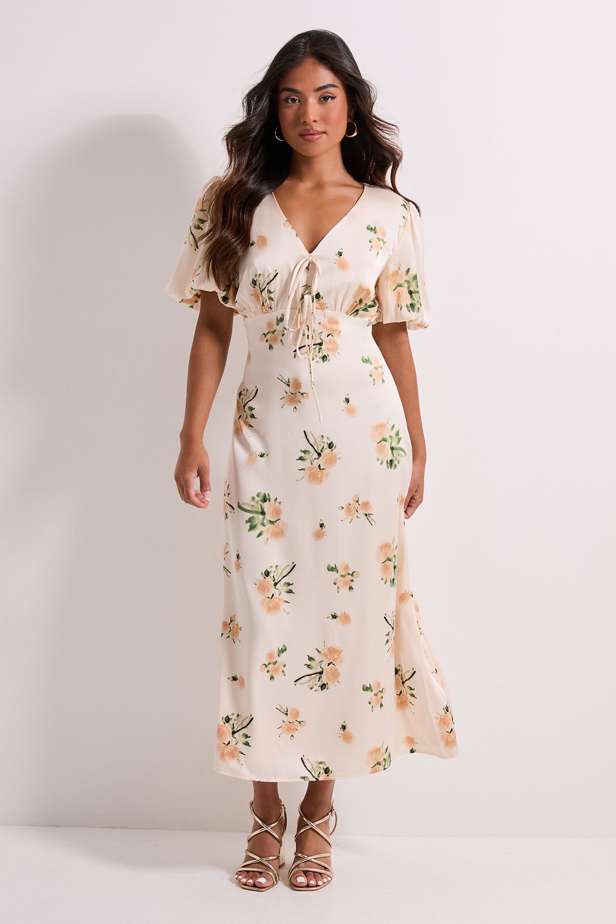 Dorothy Perkins Petite Floral Tie Front Button Down Puff Sleeve Midi Dress Floral