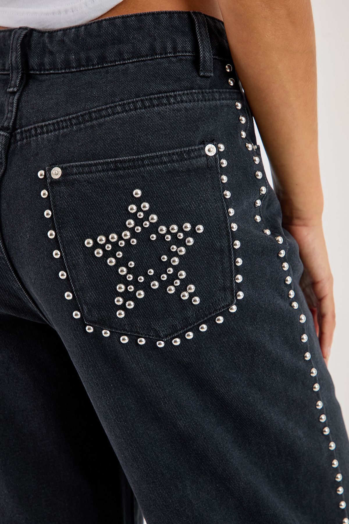 NastyGal Star Studded Baggy Denim Jeans Washed Black image 3