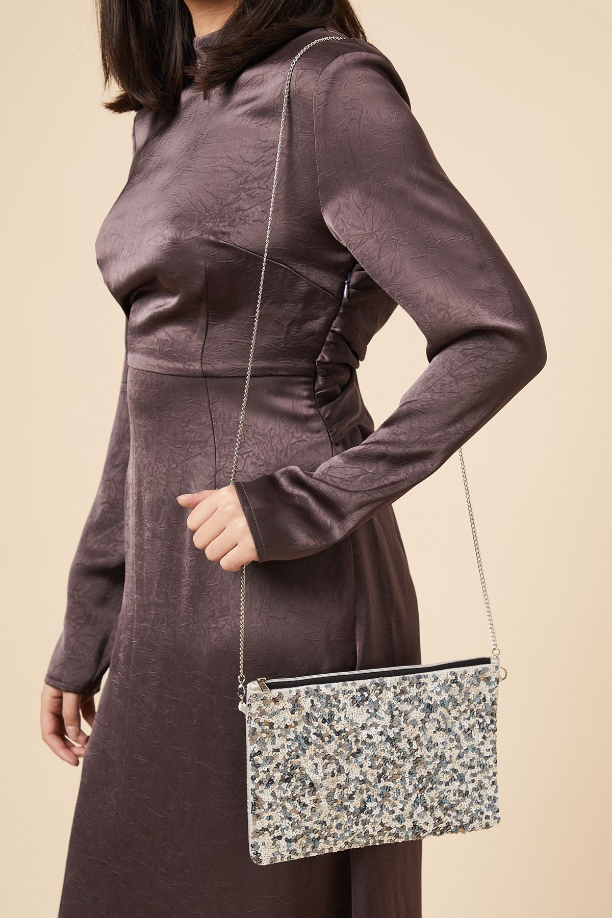 Dorothy Perkins Sequin Clutch Bag With Detachable Strap Silver image 1