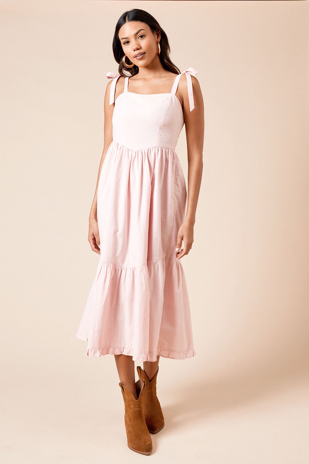 Dorothy Perkins Embroidered Dropped Waist Strappy Poplin Midi Dress Blush