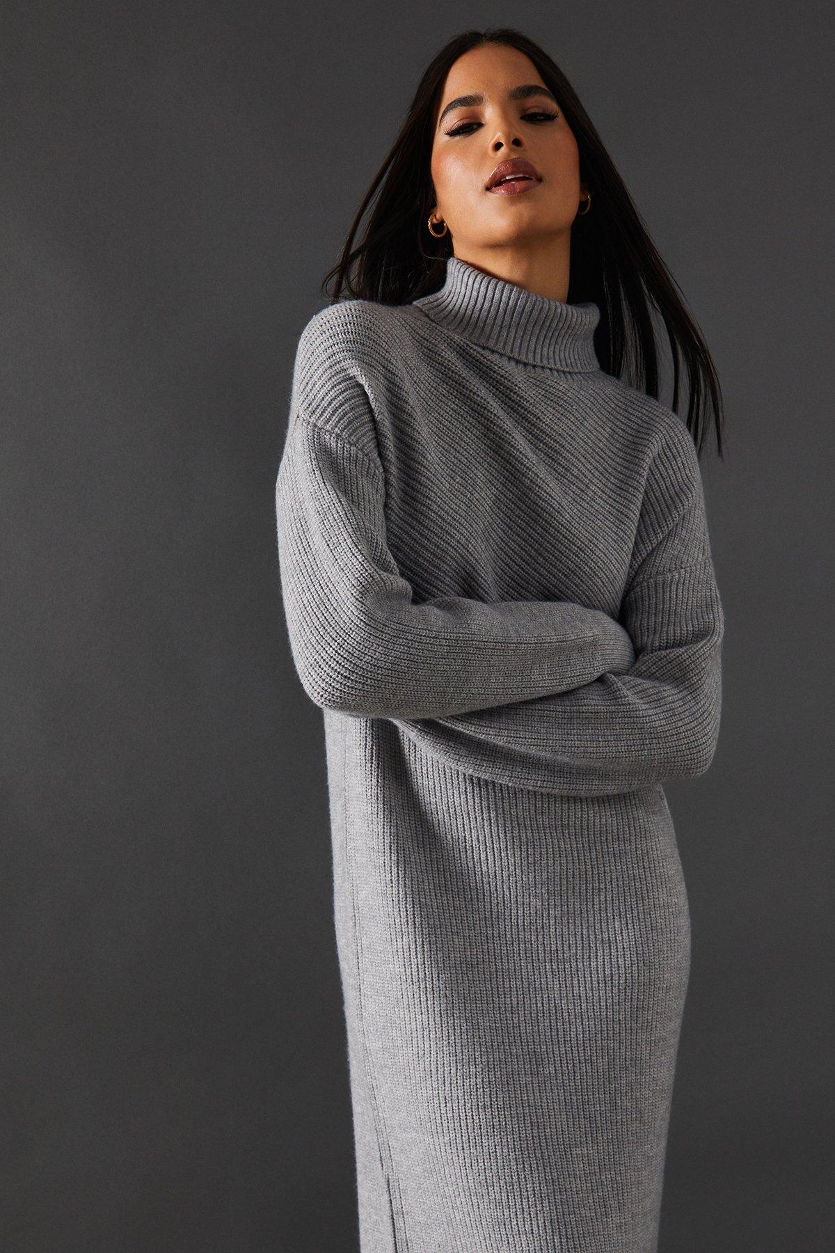 Warehouse Roll Neck Split Maxi Dress Grey Marl image 4