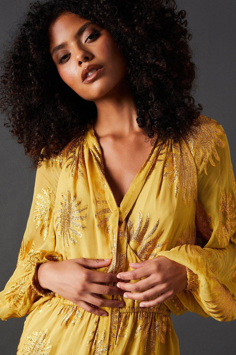 Warehouse Sun Metallic Jacquard Tie Neck Jumpsuit Gold image 4