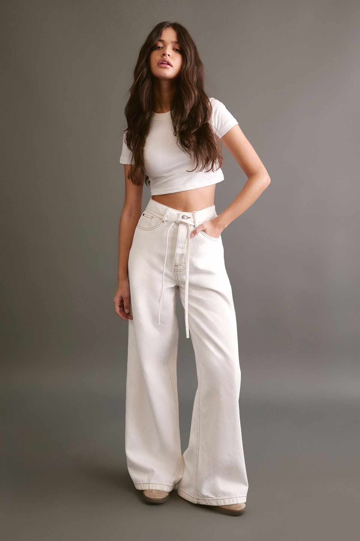 NastyGal The Belted Wide Leg Jeans White image 1