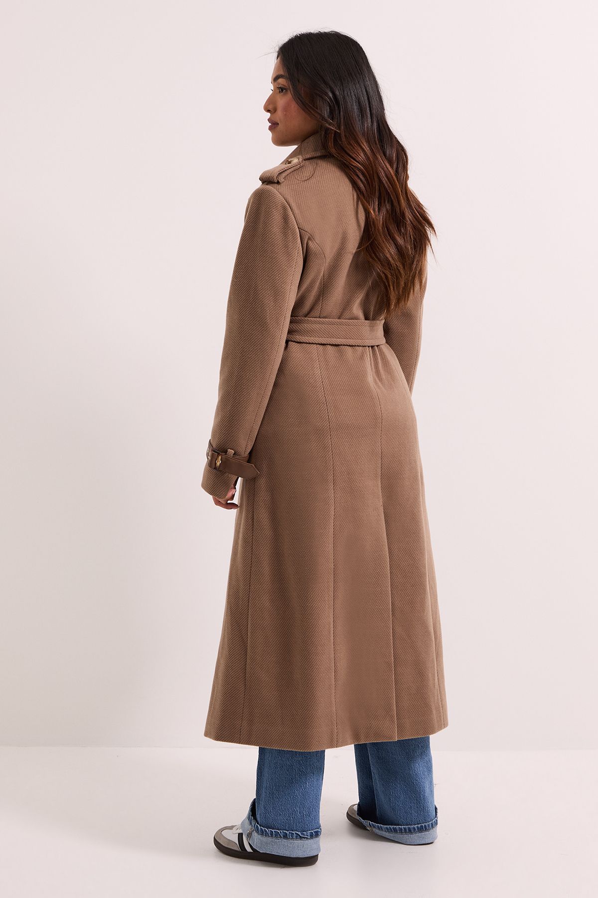 Dorothy Perkins Petite Cuff Detail Buttoned Longline Coat Mocha image 4