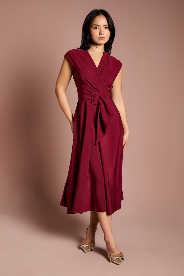 Coast Petite Belted Crepe Dress Wine