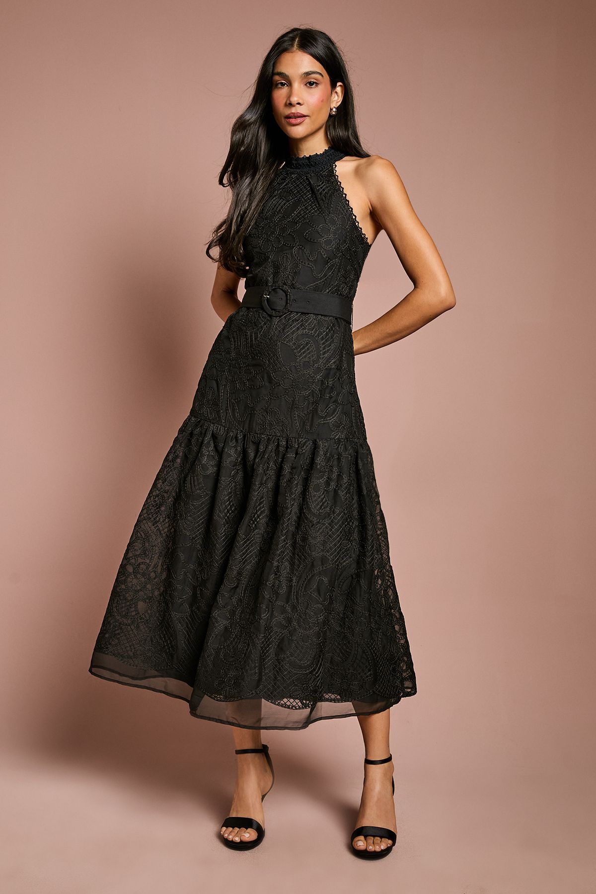 Coast Lace Organza Belted Halter Midi Dress Black image 1