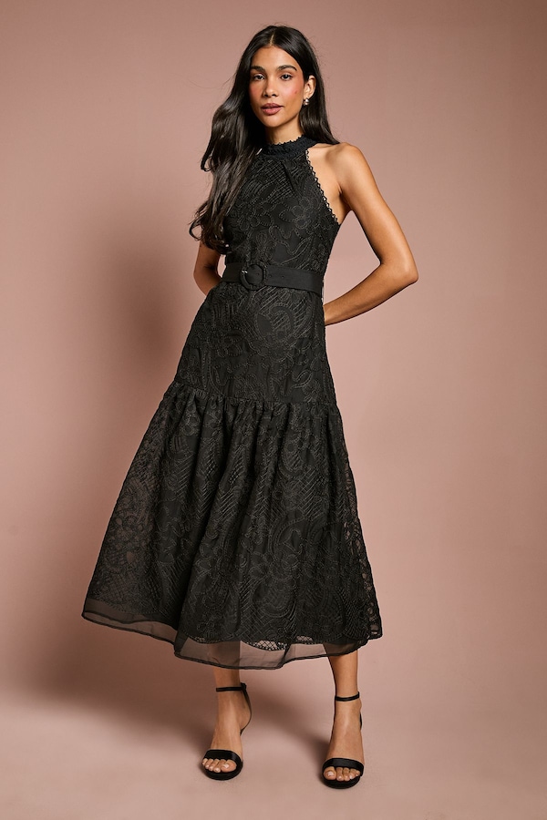 Coast Lace Organza Belted Halter Midi Dress Black