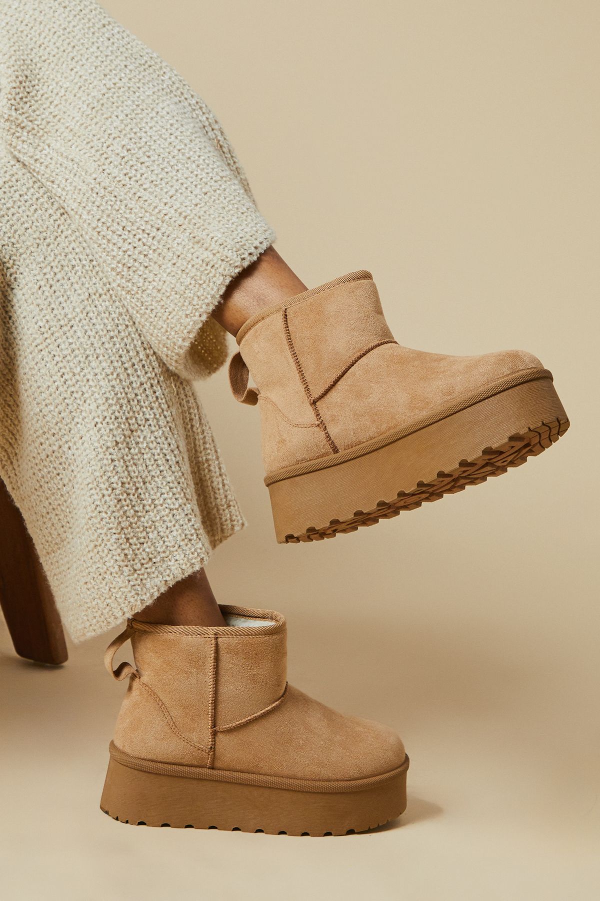 Dorothy Perkins Izzy Suedette Cosy Chunky Flatform Ankle Boots Beige image 1