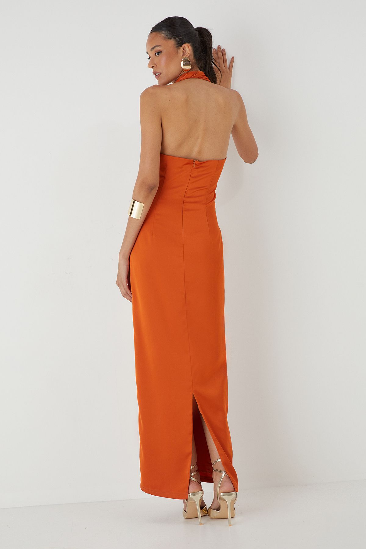 MissPap Orange Knot Detail Satin Maxi Dress PLT