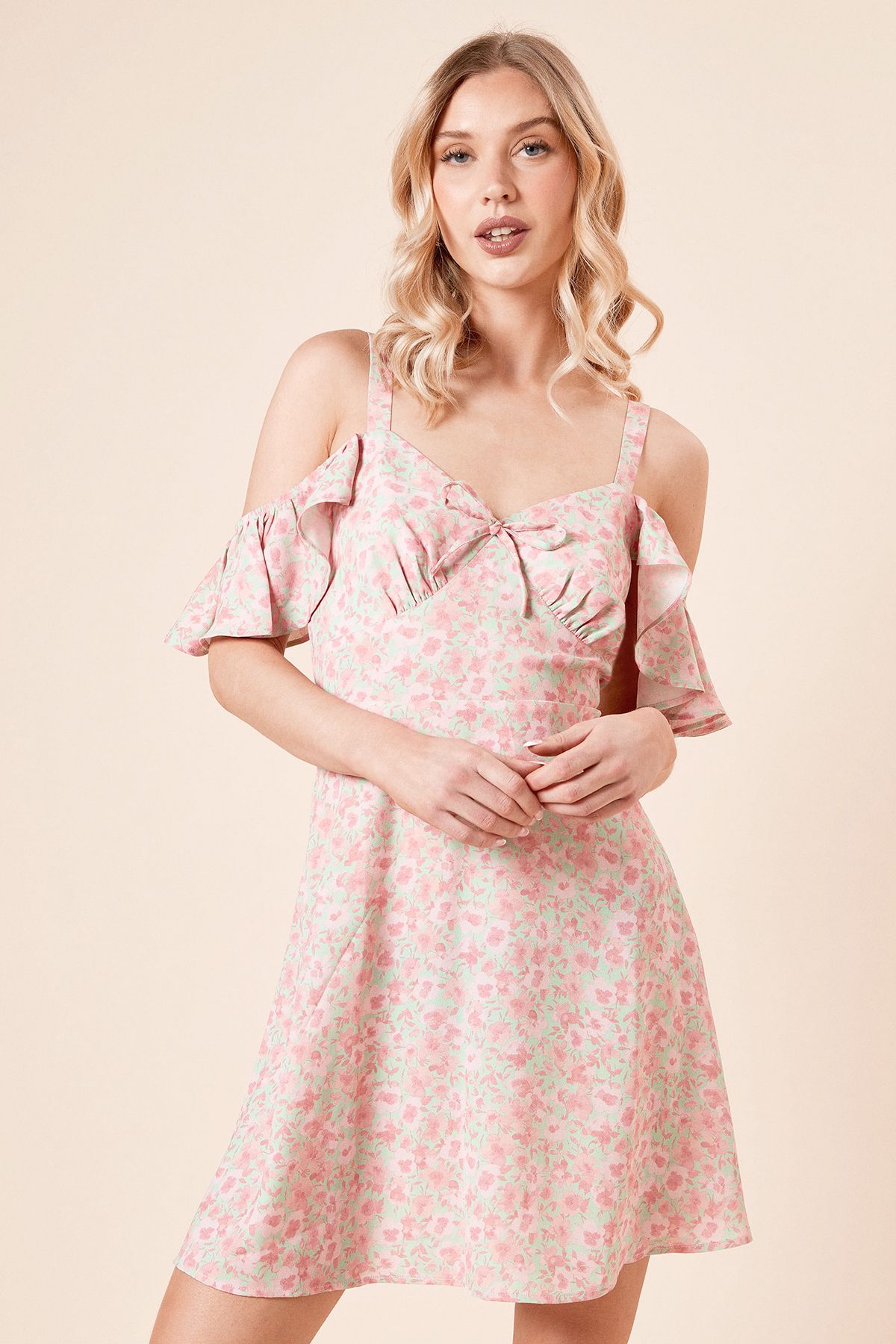 Dorothy Perkins Floral Tie Front Cold Shoulder Mini Dress Floral image 1