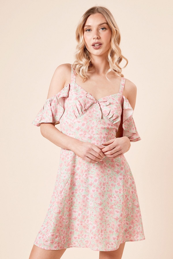 Dorothy Perkins Floral Tie Front Cold Shoulder Mini Dress Floral